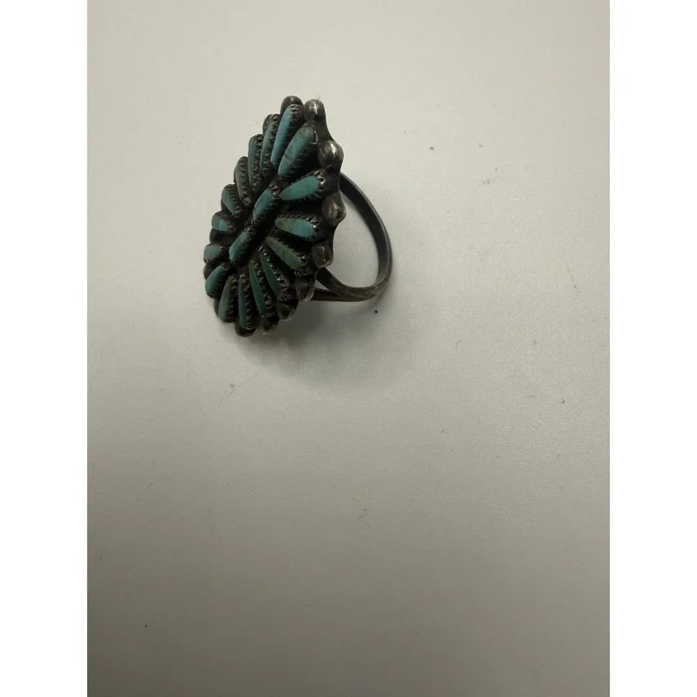 Vtg 1950's Zuni Petit Point Turquoise Cluster Sterling‎ Silver Ring